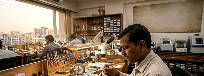 A cutter at the bench with the Surat skyline behind, JP Gems